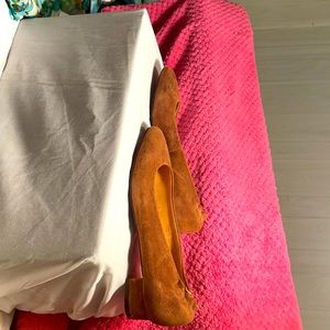 New Genuine Suede Carmel colored low heel flats with elastic back to prevent gap